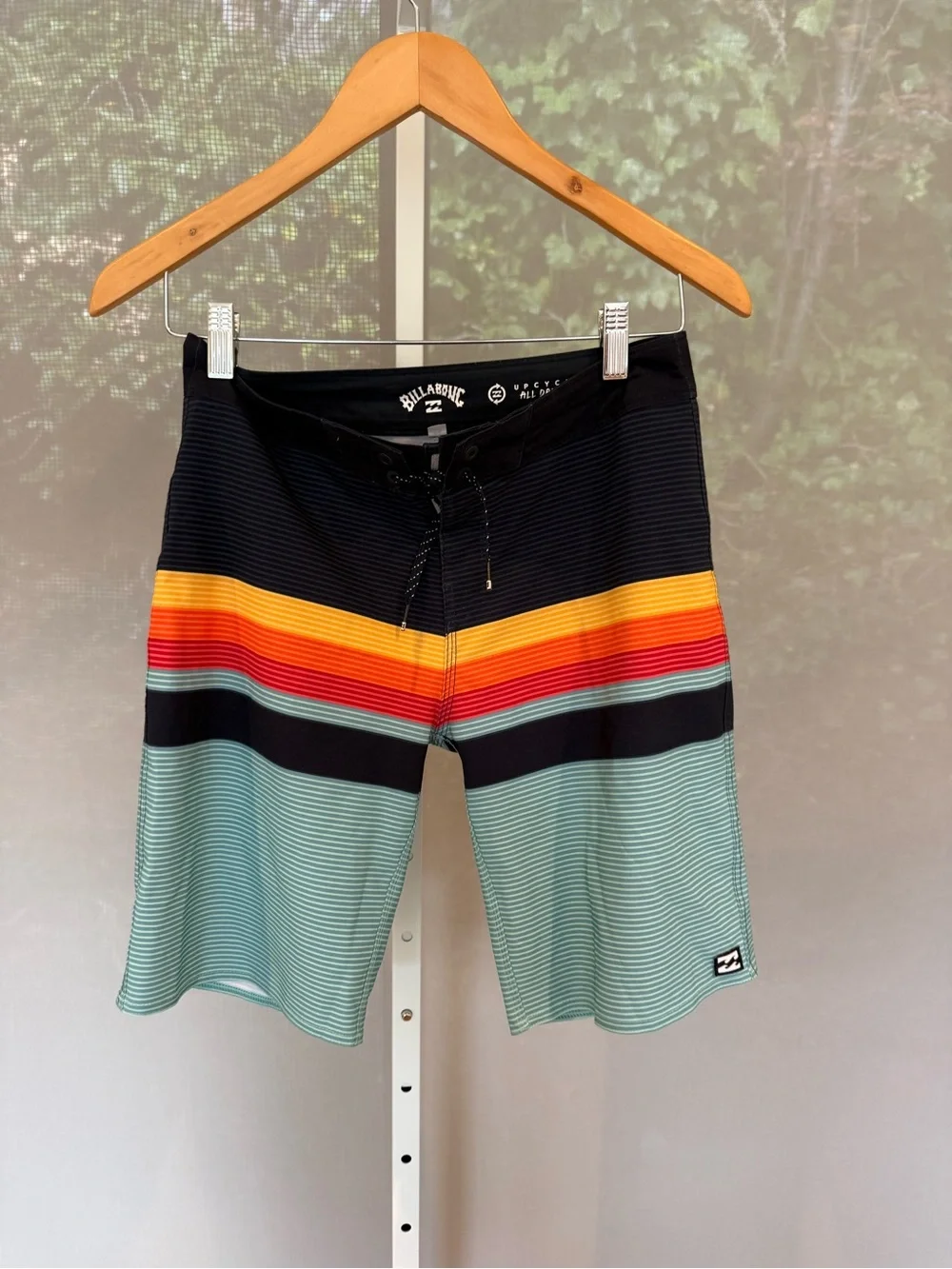 Billabong Men’s Black/Teal/Red/Orange Striped Board Shorts